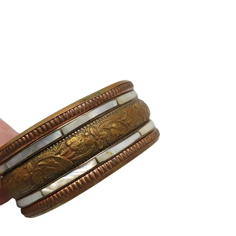 Mother of Pearl Engraved Floral Bangle Bracelet Brass Tone Vintage
